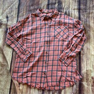 Women’s Hem & Thread Flannel Shirt Orange Blue Frayed Edges Size Large Oversized
